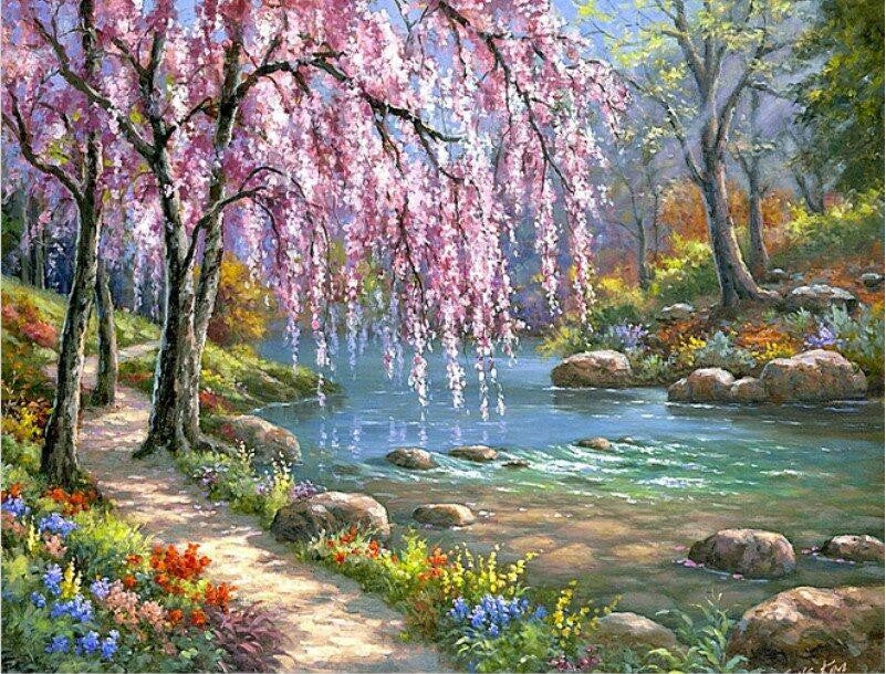 Cherry blossom trees next to river - DIY Paint By Numbers Kits for Adults