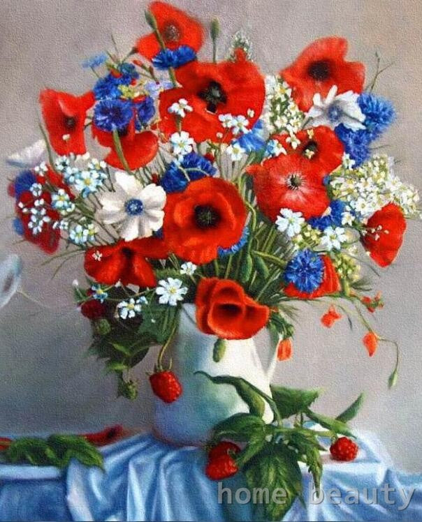Red, blue white flowers in a vase - DIY Paint By Numbers Kits for Adults