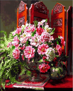 Pink flowers in vase against oriental setting - DIY Paint By Numbers Kits for Adults