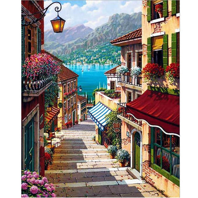 Steps in village leading to the ocean - DIY Paint By Numbers Kits for Adults