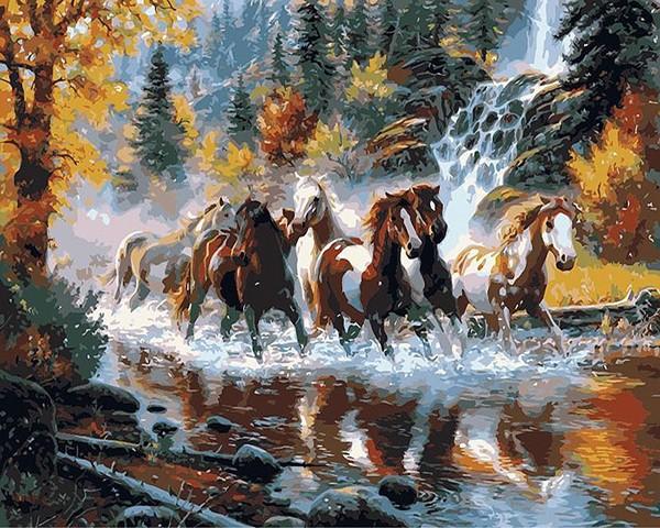 Team of horses running through river