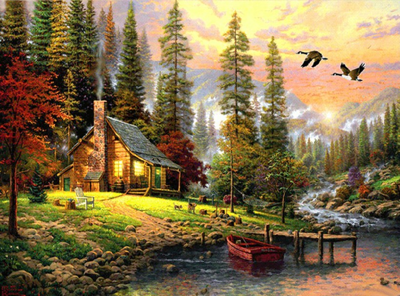 Cabin by the woods by a river at sunset - DIY Paint By Numbers Kits for Adults