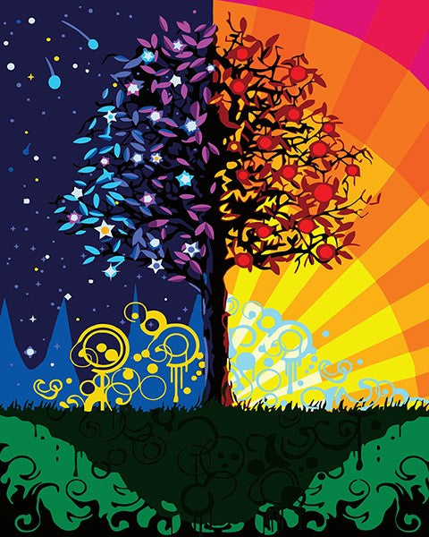 Colorful abstract day and night tree