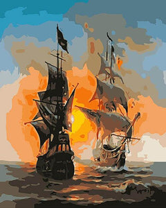 White and black ships at sunset - DIY Paint By Numbers Kits for Adults