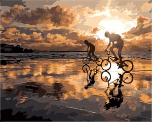 Two cycling on the beach at sunset - DIY Paint By Numbers Kits for Adults