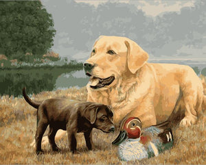 Adult dog and black puppy with duck - DIY Paint By Numbers Kits for Adults