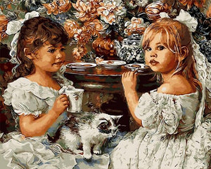 Two girls in white having tea - DIY Paint By Numbers Kits for Adults