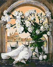 White Pigeons and White roses