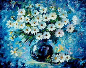Abstract blue wall and white daisies